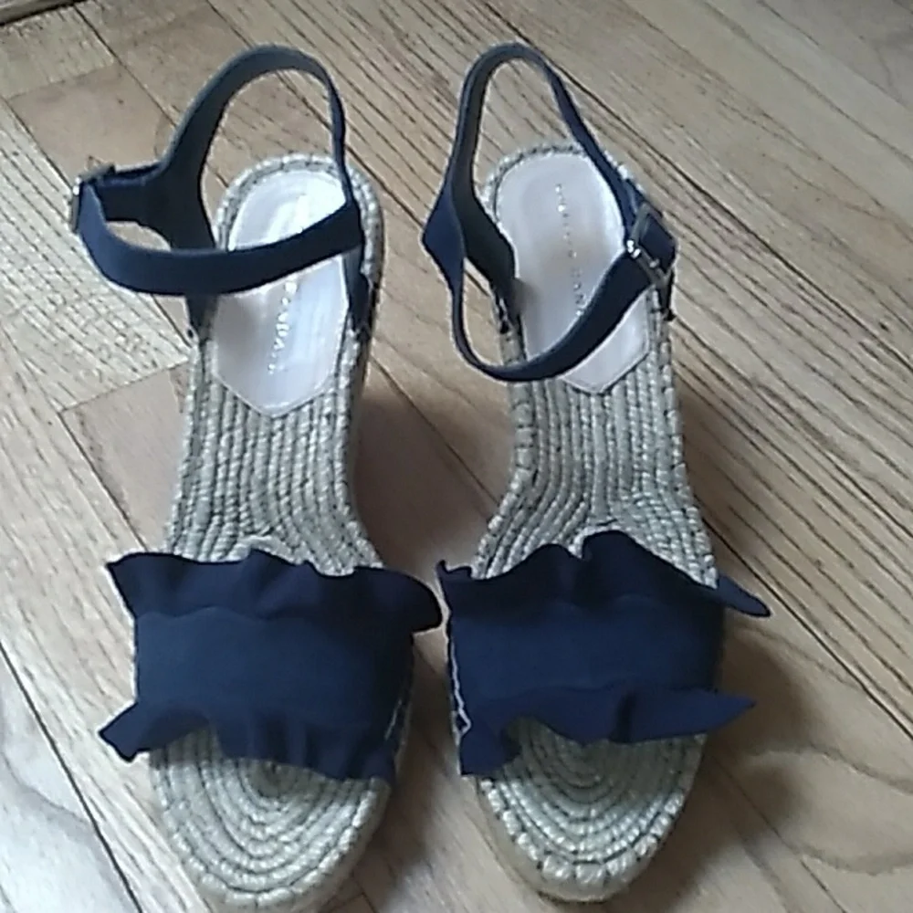 Loeffler Randall Navy Ruffle Espadrille Wedges with Ankle Strap